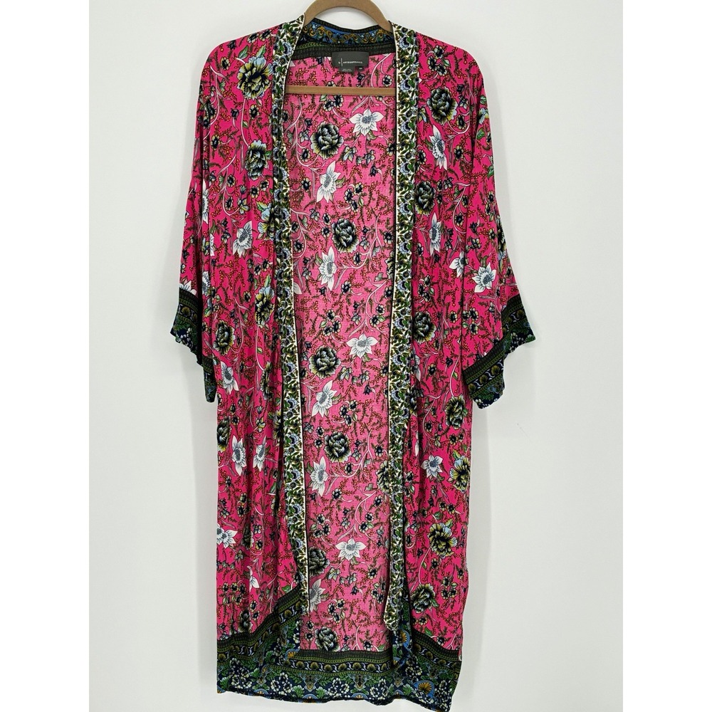 Anthropologie Pink Floral Open Front Viscose Kimono 3/4 Sleeve One Size Boho